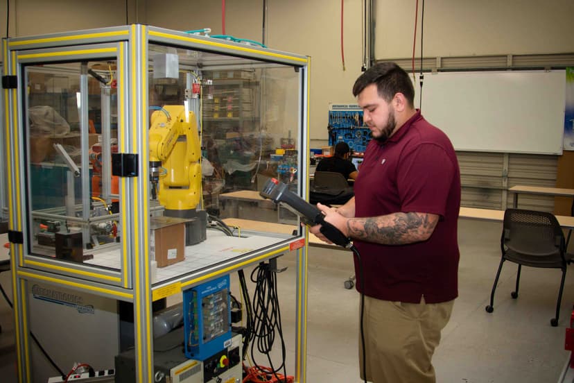 Students working in a mechatronics lab