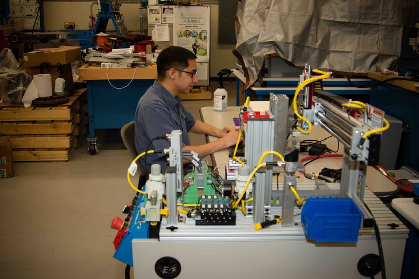 Student in Mechatronics lab equipment